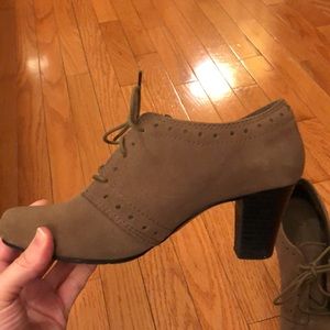 Clarks Suede Mary Janes booties with stitching and modest heel